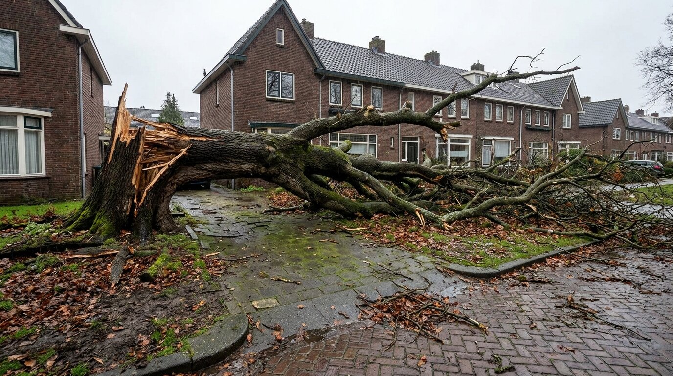 Een grote boom omgewaaid over een oprit en straat in een woonwijk na een storm.